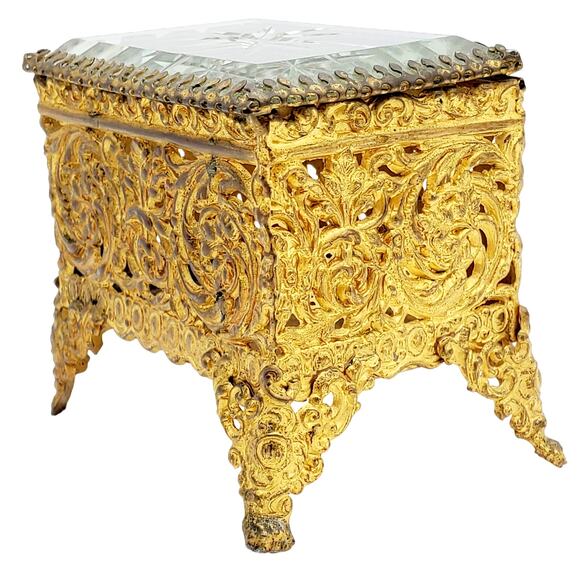 Antique Ormolu Jewelry Casket Box Beveled Glass Victorian Gilt Trinket Filigree - Picture 2 of 16